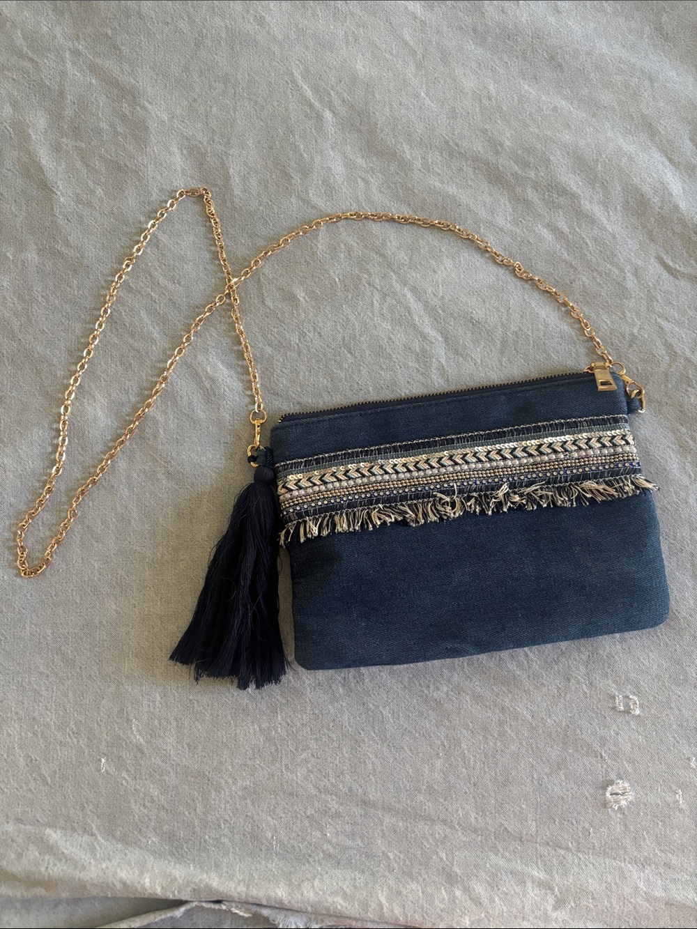 Women’s Denim Navy Tassel Crossbody Bag with Gold Chain